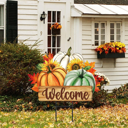 JarThenaAMCS Fall Pumpkin Metal Garden Stakes Green Orange White Pumpkin Decorative Lawn Sign Autumn Harvest Welcome Yard Sign for Thanksgiving Home Outside Lawn Porch Decor