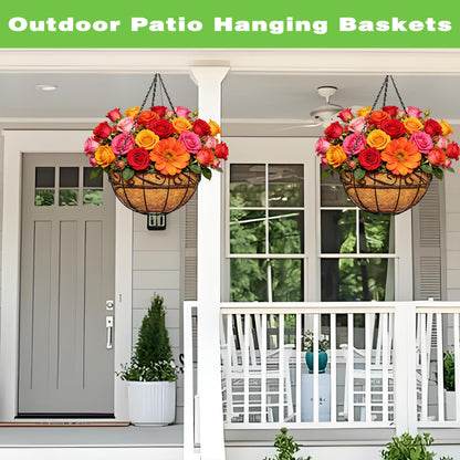 ZVOWOS 2 Pack 12 Inch Black Metal Hanging Basket Hanging Planter with Coco Coir Liner Heavy Duty Hanging Flower Pot Holder for Indoor Outdoor Patio Garden Porch Balcony Decor (Lace)