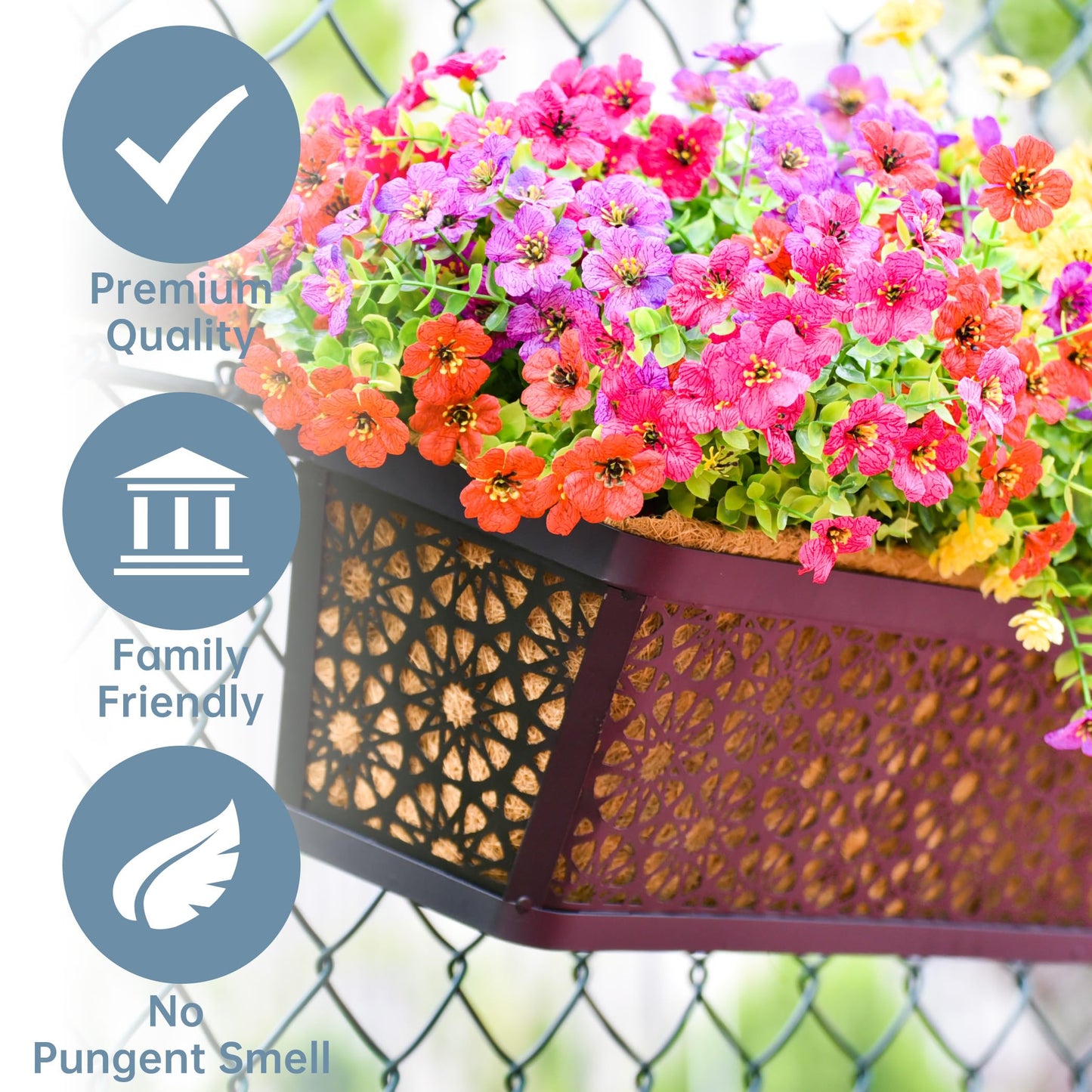 EIMQUVW 4 Pack 24" Railing Planter Window Box Deck Balcony Rail Planter Black Metal Flower Basket Horse Trough Planter with Coco Fiber Liner for Porch Fence Patio Outdoor