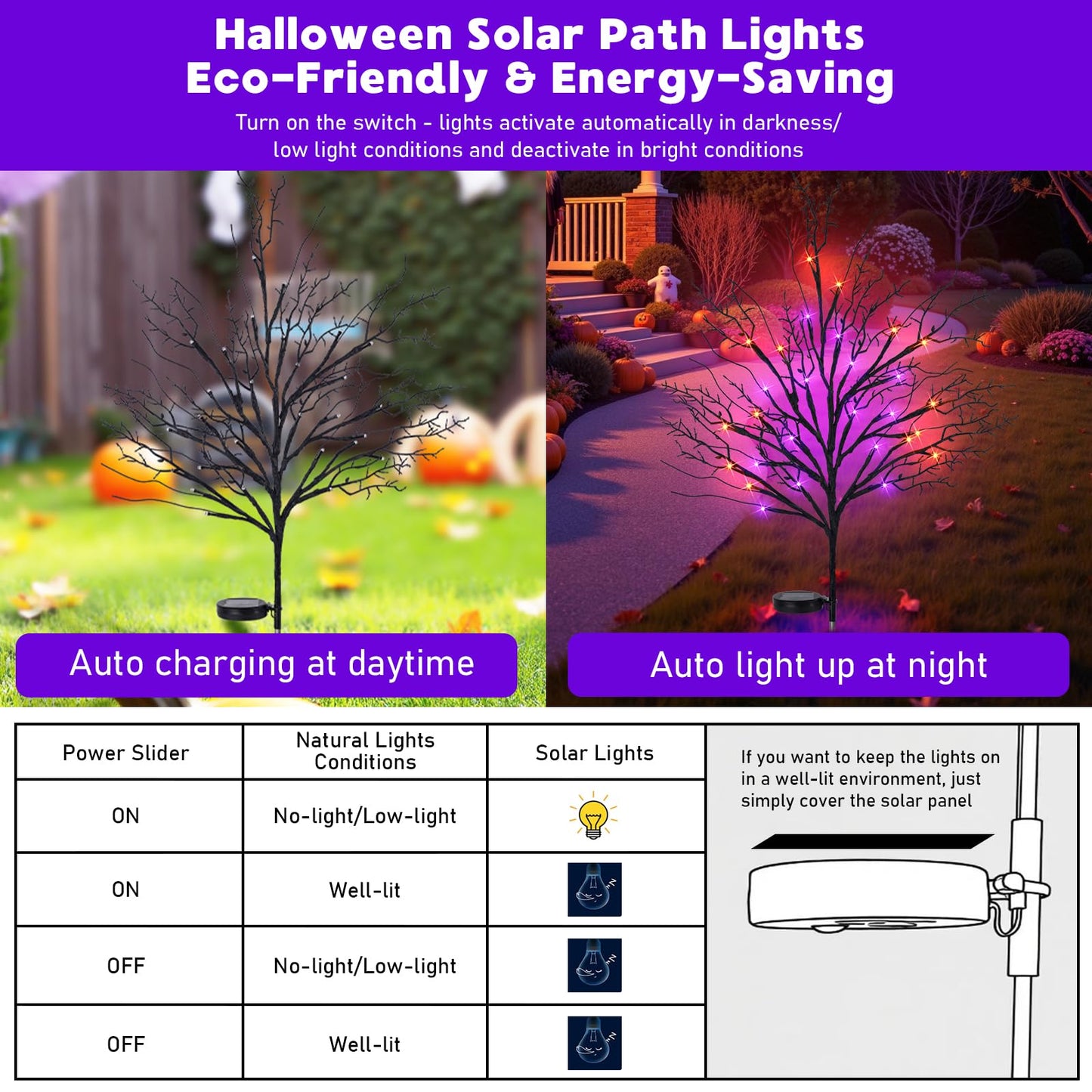 Halloween Solar Pathway Lights 4PCS, Halloween Outdoor Decorations, Artificial Tree Waterproof LED Lights for Lawn Yard Garden Driveway Porch Walkway, Auto On/Off