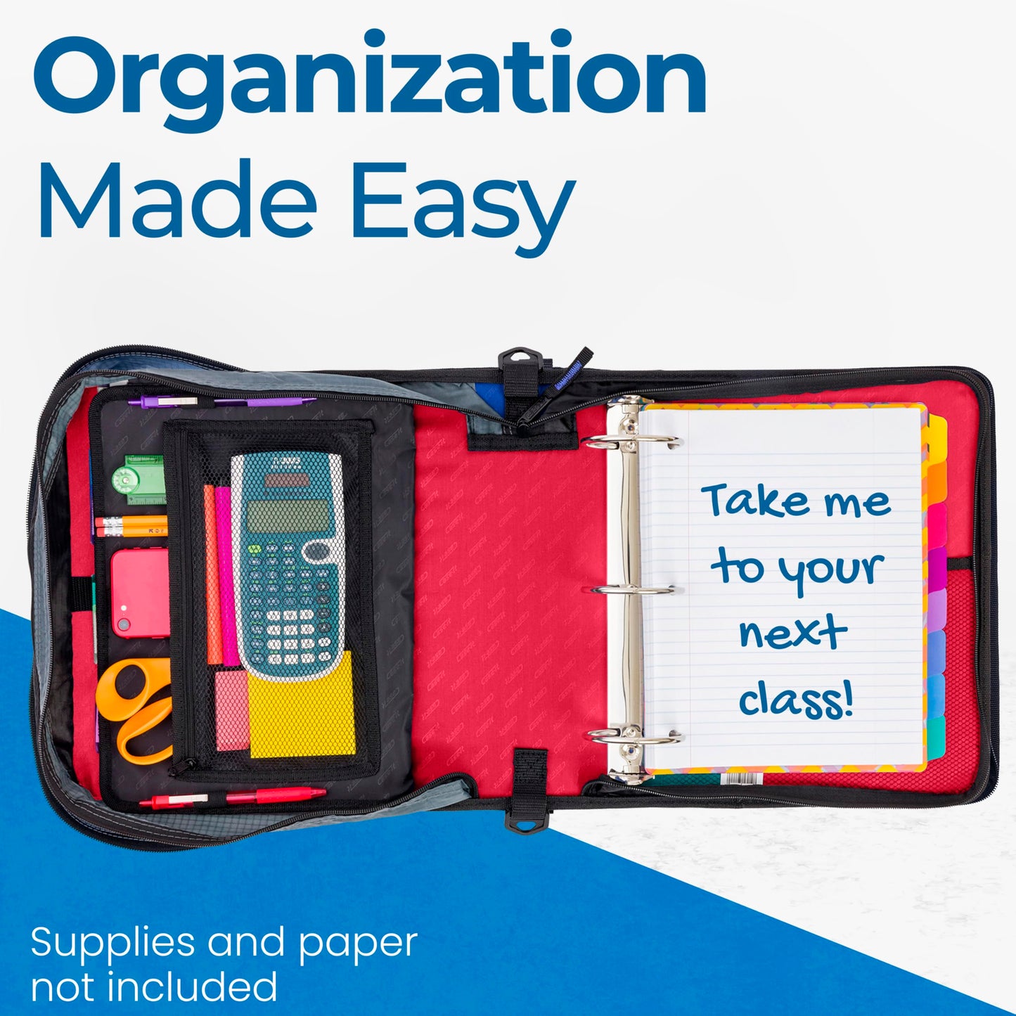 Case-it Mighty Zip Tab School Zipper Binder | 3-Inch O-Rings, 600-Sheet Capacity, 5-Subject Expanding File Folder, Multiple Pockets & Storage Organizer, Shoulder Strap | D-146 Fire Engine Red