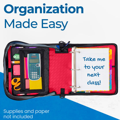Case-it Mighty Zip Tab School Zipper Binder | 3-Inch O-Rings, 600-Sheet Capacity, 5-Subject Expanding File Folder, Multiple Pockets & Storage Organizer, Shoulder Strap | D-146 Fire Engine Red