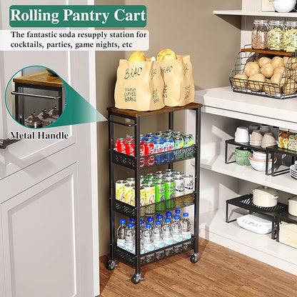 OKZEST Utility Slim Storage Cart, 4-Tier Narrow Bathroom Organizer and Storage Cart, Metal Narrow Kitchen Laundry Room Organization Rack with Wood Top, Slim Rolling Shelf with Wheels for Small Space