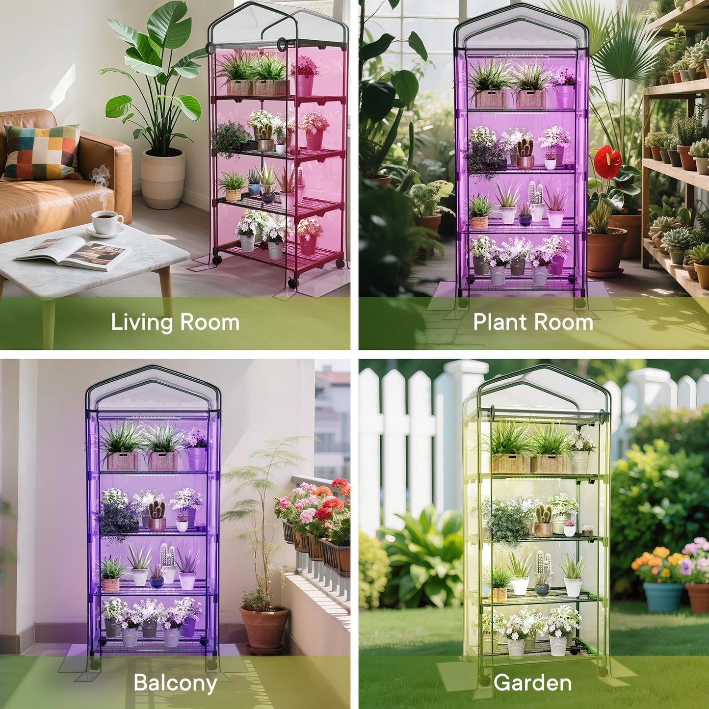 Indoor Greenhouse with Grow Lights & Wheels, 4 Tier Wire Shelf PVC Tent Portable Mini Green House Cabinet Kit for Plant Seed Starting Mushroom Grow