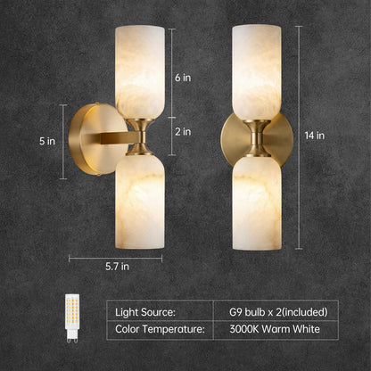 HHOCR Brass Alabaster Wall Sconces, 2 Light 14 Inch Spanish Natural Marble Wall Light, Luxury Wall Lamps for Living Room Bedroom Bathroom Hallway Staircases, G9 Bulb Included, Hardwired-1pk