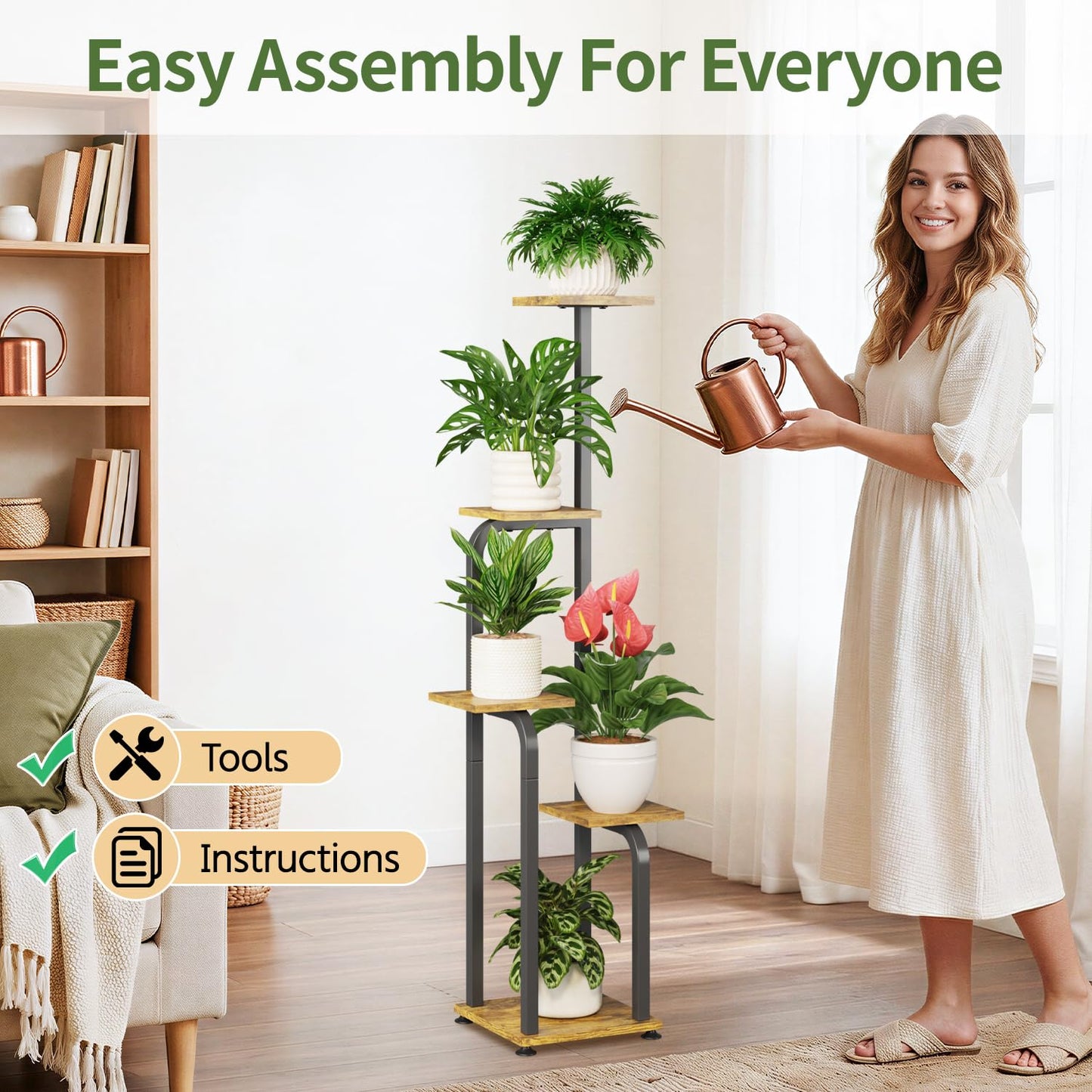 LASZOLA 5 Tiered Plant Stand Tall for Indoor Corner, Modern Multiple Flower Display Rack with Wooden Tray, Vertical Planter Shelf for Living Room Bedroom Patio Garden Balcony, Black