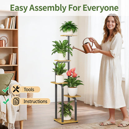 LASZOLA 5 Tiered Plant Stand Tall for Indoor Corner, Modern Multiple Flower Display Rack with Wooden Tray, Vertical Planter Shelf for Living Room Bedroom Patio Garden Balcony, Black