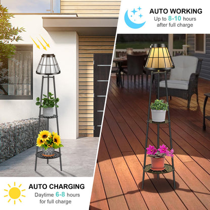 MXwcy 2-Tier Solar Plant Stand with Light, Modern Outdoor Floor Lamp with Classic Grid Lantern, Waterproof Tall Metal Planter Display Rack for Patio, Porch, Balcony, Garden Decor (2 Pack)