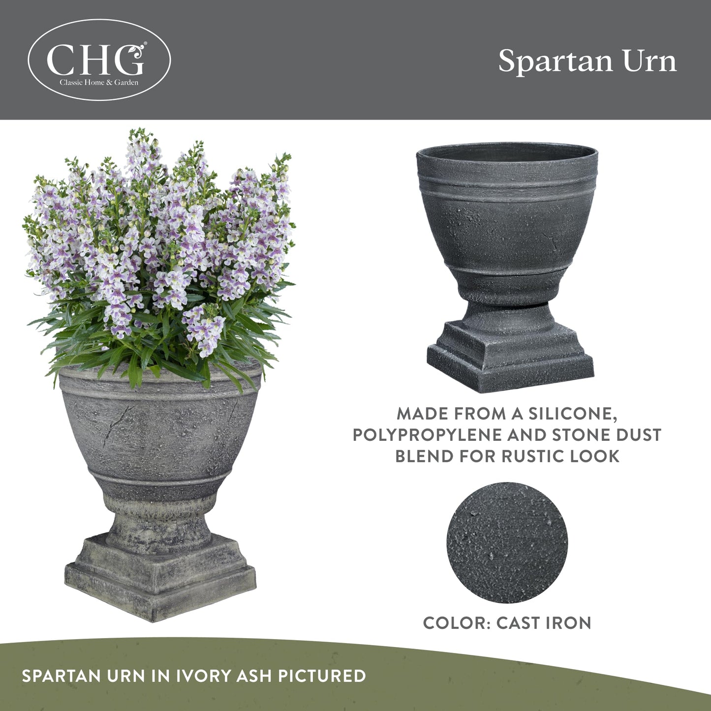 Classic Home and Garden Spartan Urn Planter - Timeless Plant Urn for Floral Displays - Durable Indoor & Outdoor Plastic Garden Planters (14”, Cast Iron)