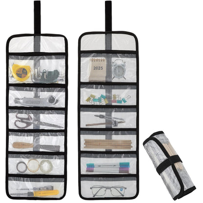 Small Roll Up Storage Bag, 6 Pockets Roll Up Tool Kit, Suitable for Mechanics, Kitchen Storage, Art Sketching, Travelling, Potter's Tools, Office Objects, Transparent and Visible, Space-Saving 2 Pack