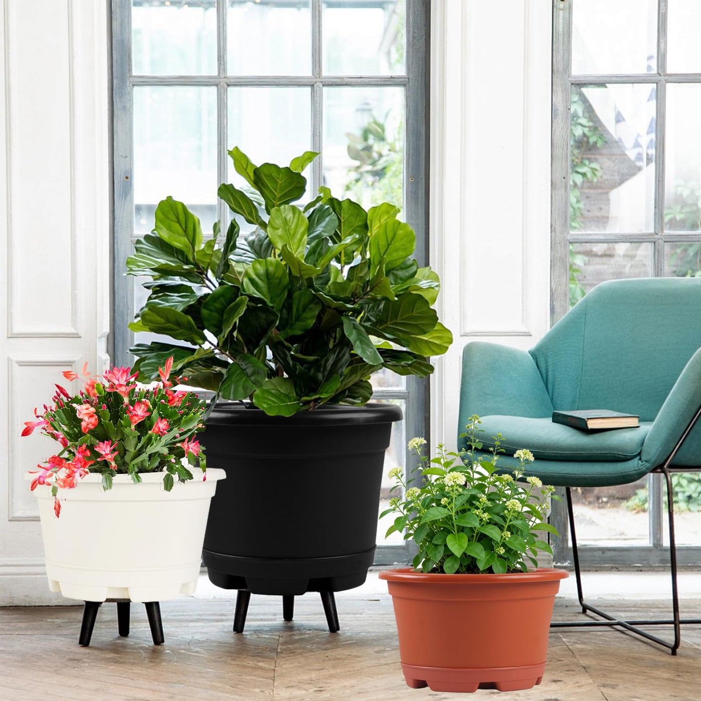 KPUVX 5 Pack 8.5 inch Plant Pot,Outdoor Flower Pots,Plastic pots for Plants Indoor with Drainage Holes and Trays, Decorative Garden Containers Sets for Houseplants