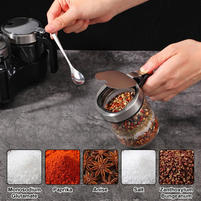 Set of 4 Revolving Condiment Pots: Sugar Bowl, Salt & Pepper Cellar with Lid and Spoon, 360-Degree Rotating Holder Tray for Kitchen Countertop Organization, Glass Spice Jars with Stainless Steel Acces