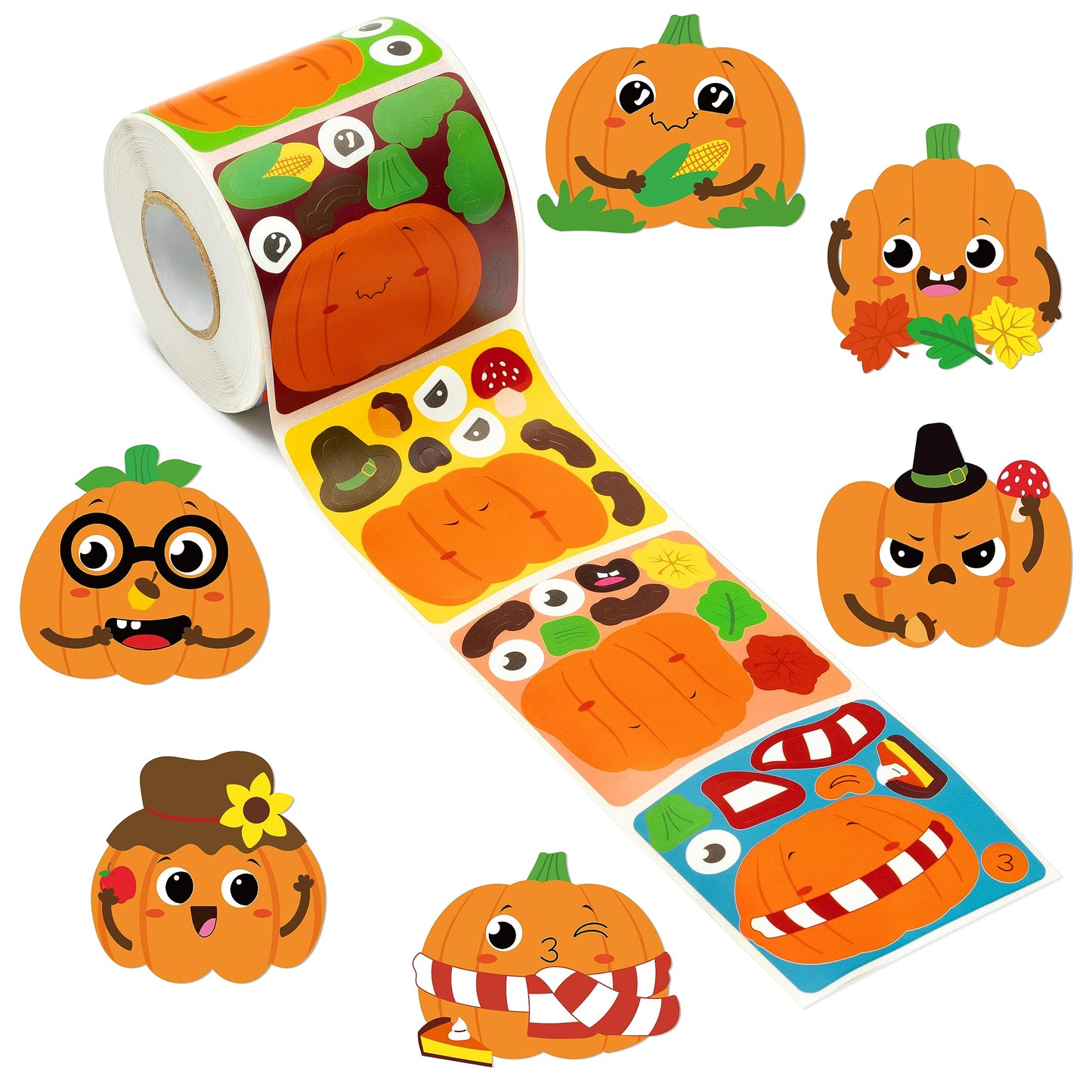 Haooryx Fall Pumpkin Stickers Roll - 300pcs Make Your Own Halloween Pumpkin Make A Face Waterproof Vinyl Reusable Laptop Stickers Scrapbook Water Bottle Page Activity Pad Autumn Party Favor Skateboard