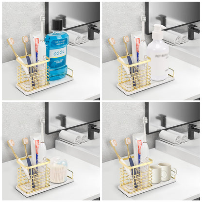 HarJue Toothbrush Holder, Luxurious Metal Toothbrush Toothpaste Holder with Marble Base for Bathroom, Multi-Slots Openwork Design, Bathroom Accessory for Storage and Organizer (Large, Gold)