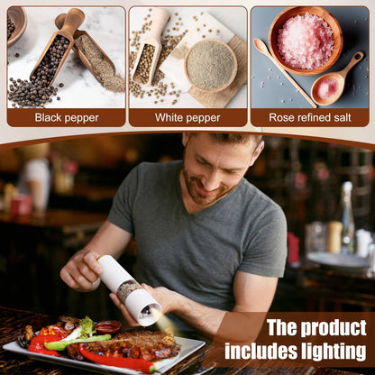 Threlaco Electric Salt and Pepper Grinder Set with 1 Portable Spill Proof Base 2 Packs Battery Operated Salt Pepper shakers with Adjustable Coarseness Light Wheat Straw Grinder for Kitchen(White)