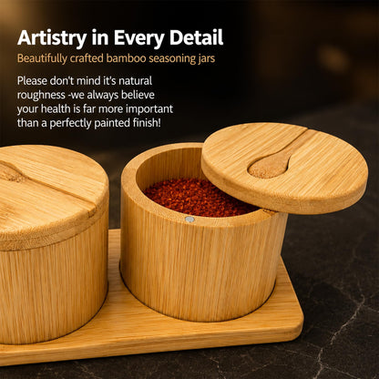 Bamboo Salt Cellar Set with Tray, 2 Salt and Pepper Cellar with Lids & Spoons, Magnetic Swivel Lid, 16 Labels, Spice Containers for Salt, Pepper, Sugar, Spices, Kitchen Countertop Organizer, 9 OZ Each