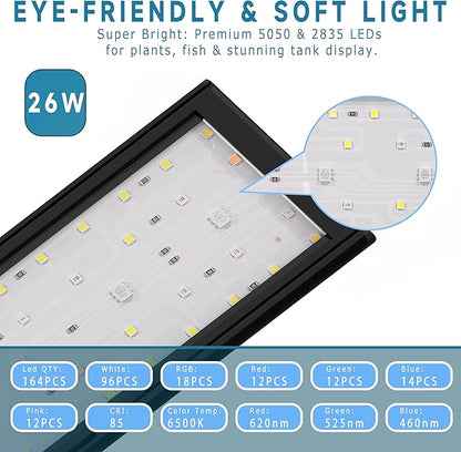 24/7 Mode LED Aquarium Light for 36-45 Inch Plant & Fish Tank, IP68 Full Spectrum Light, Sunrise-Daylight-Moonlight, White Red Green Blue Pink LEDs with Extendable Brackets for Freshwater