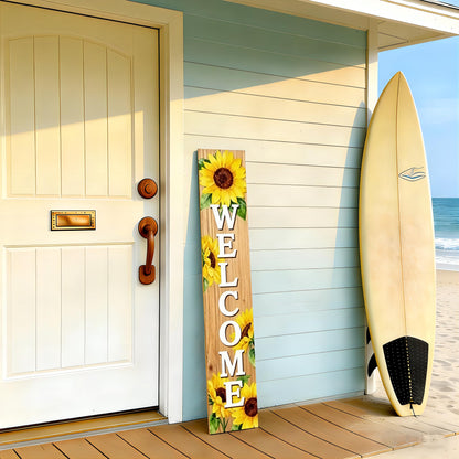 Summer Welcome wooden porch sign Vertical hanging decorations Welcome sign front door standing Decorative sign 47x7.8Inch Sunflower pattern for Outside Yard Decor