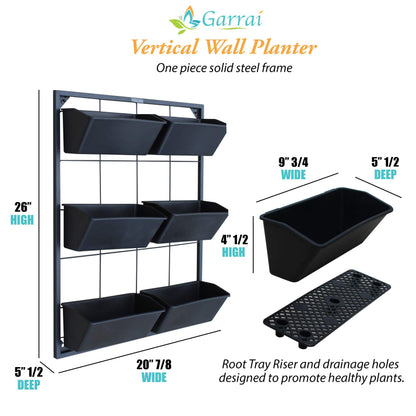 Garraí Vertical Garden Wall Planter. Ideal Indoor or Outdoor Container Gardening. Includes 6 Removable Pots and Wall Mounted Metal Frame. Self Draining Garden for Vegetables, Flowers or Herbs.