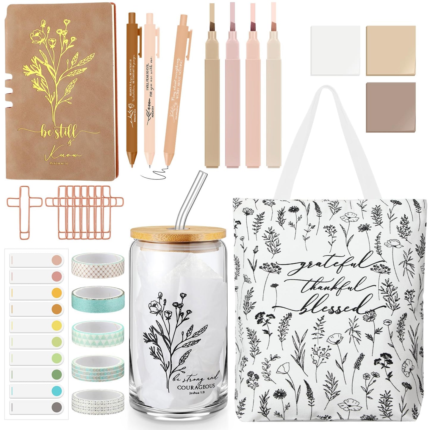 Singhoow 29 Pcs Bible Journaling Supplies Kit 16 oz Glass Cup Canvas Bag Leather Notebook Highlighters Pens Sticky Note Tapes Bible Study Supplies for Women Sunday School Teacher(Boho, Khaki)