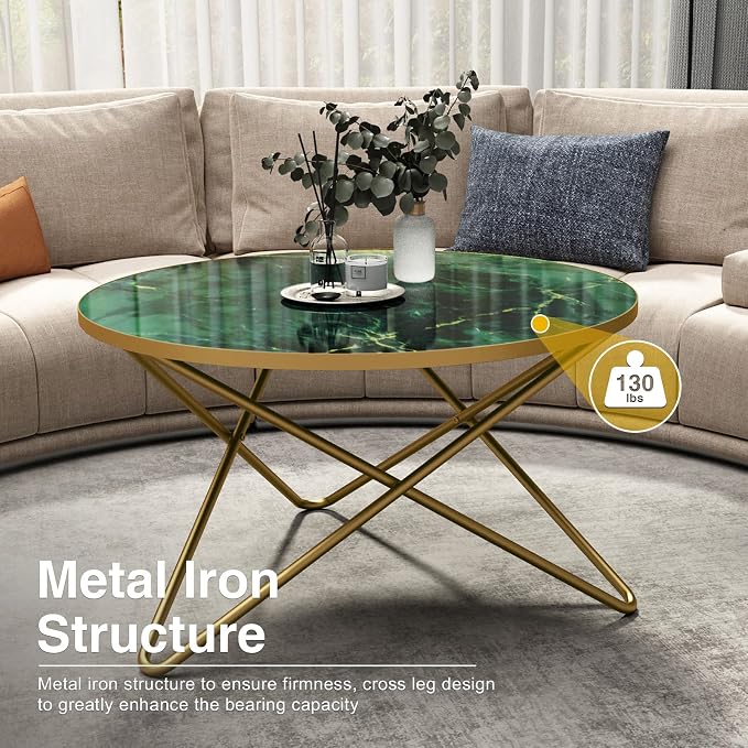 HLR Round Coffee Table with Green Faux Marble Top