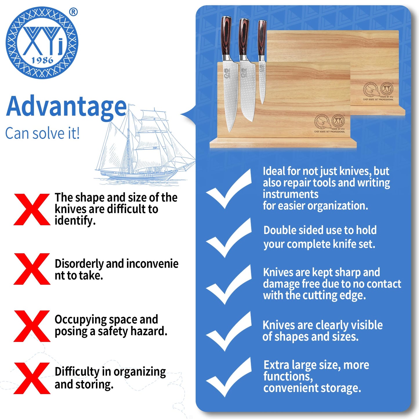 XYJ Authentic Since 1986, Magnetic Knife Block, Double Side Kitchen Knife Stand, Acacia Wood, Magnetic Knife Holder with Strong Enhanced Magnets,Knives Storage Rack Stand for Home Kitchen