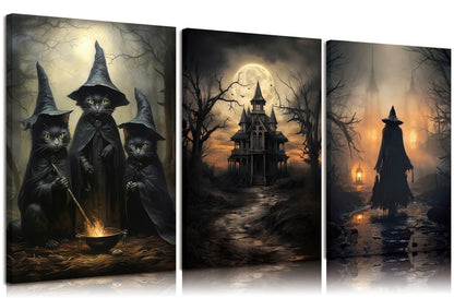 3pcs Halloween Canvas Wall Art Dark Academia Scary Witch Black Cat Castle Wall Decor Pictures Thriller Horror Gothic Posters Prints for Halloween Party House Decoration Prepare to hang