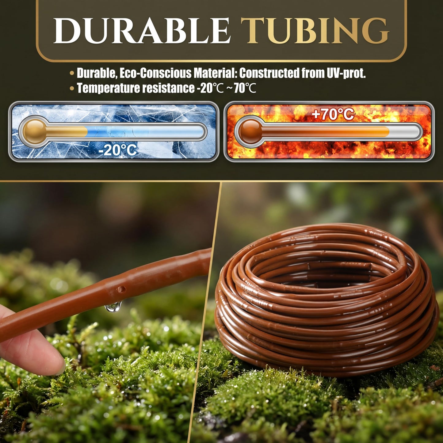 Innconee 100 ft 1/4 Inch Drip Irrigation Tubing with 6" Emitter Spacing Brown Hydroponics Dripline Hose Irrigation Drip Line Emitter Tubing Parts for Gardens Greenhouses Bed Flower Efficient Watering