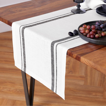 Solino Home Linen Table Runner 72 Inches Long - 100% Pure Linen Black and White French Stripe Table Runner 16 x 72 Inch for Dining, Dresser, Summer