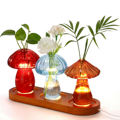 Yiyiring Set of 3 Glass Mushroom Vase Propagation Station with LED Light Wooden Stand, 4.7 x 3.5 Inches Glass Vases Hydroponic Planter for Indoor Plants, Gifts for Women, Room Decor