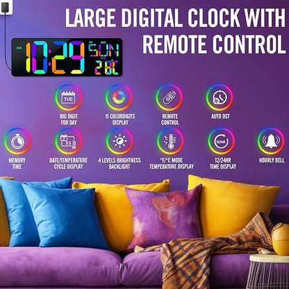 TXL16.5 Digital Wall Clock Large Display, LED Wall Clock RGB Color Changing, Count Up/Down Timer Clock with Remote Control, Adjustable Brightness Alarm Clock for Home, Office, Gym, Elderly, Auto DST