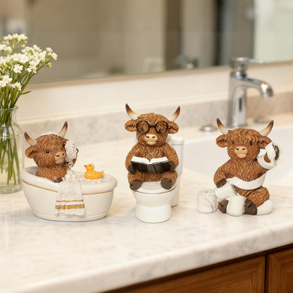 YeehaWhoo Highland Cow Bathroom Decor, Highland Cow Gifts for Women, Cow Figurine with Bathtub/Toilet/Tissue, Xmas Rustic Resin Ornaments Statue for Farmhouse Kitchen Home Table Christmas Decoration