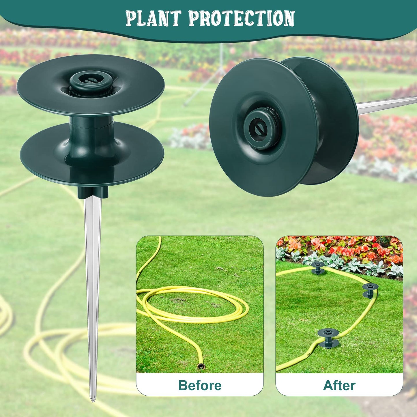 Chumia 10 Inch Garden Hose Guide Spike, Zinc Coated Rustproof Heavy Duty Metal Stake, Sturdy Top, Keeps Garden Hose Out of Flower Beds, Hose Guard for Yard Plant Protection(6 Pieces,Dark Green)