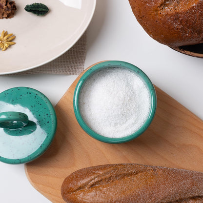 Salt Cellar Keeper with Ceramic Lid, Big Capacity Ceramic Sugar Bowls Pepper Box, Speckled Glaze Seasoning Container Condiment Pot for Kitchen (Green)