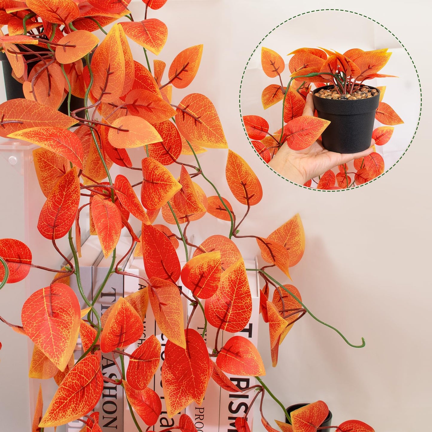 2 Pack Artificial Fall Plants Hanging Orange Vines Potted Fall Foliage Fake Pothos Trailing Plant Autumn Decoration for Indoor Outdoor Thanksgiving Bathroom Wall Kitchen Room Shelf Decor (Black Pot)