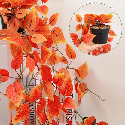 2 Pack Artificial Fall Plants Hanging Orange Vines Potted Fall Foliage Fake Pothos Trailing Plant Autumn Decoration for Indoor Outdoor Thanksgiving Bathroom Wall Kitchen Room Shelf Decor (Black Pot)