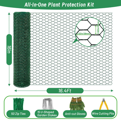 Convivium Plant Protectors from Animals, 0.8mm Free-Cut Green Chicken Wire Mesh, PVC Coated Tree Trunk Guard & Garden Fence for Outdoor Plants with Zip Ties, Stakes, Pliers, Gloves（16.4Ft*16In）