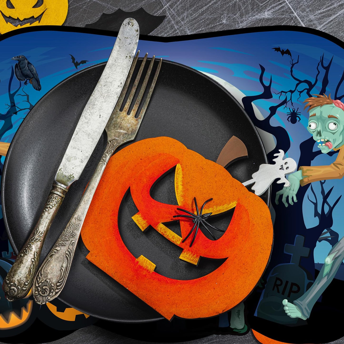 6 Pcs Halloween Placemats Plastic Pumpkin Spider Ghost Witch Happy Halloween Table Mats Boo Purple Blue Orange Spooky Waterproof Placemat for Kitchen Home Table Party Decoration, 11.81 x 15.75 Inch