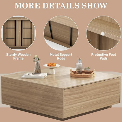 47” Square Coffee Table with Storage, 47" D x 47" W x 17" H Modern Large Square Center Table with 2 Drawers,Wood Coffee Table for Living Room,Bedroom（Light Brown）