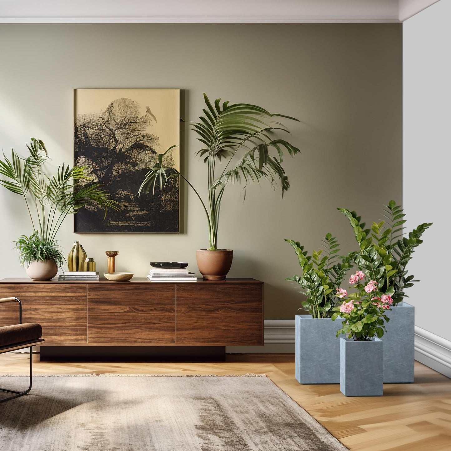 Kante 18.5",15.7",12.6" H Tall Rectangular Concrete Planters Set of 3, Outdoor Indoor Lightweight Plant Pots with Drainage Hole and Rubber Plug, Modern Style for Home Garden Patio, Slate Gray