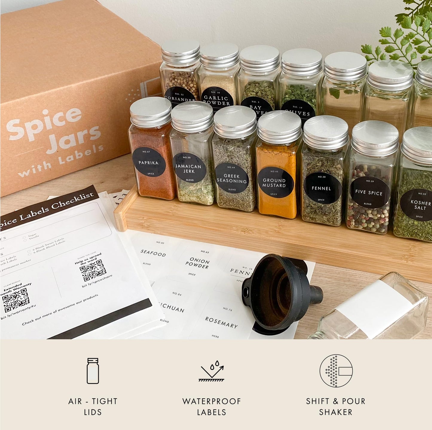 FINESSY Glass Spice Jars with Labels with Metal Lids and Shakers 24 Pack Set, 4oz Small Empty Air Tight Spice Containers with Labels, Clear Seasoning Containers Herb Bottles Kitchen Storage Organizer