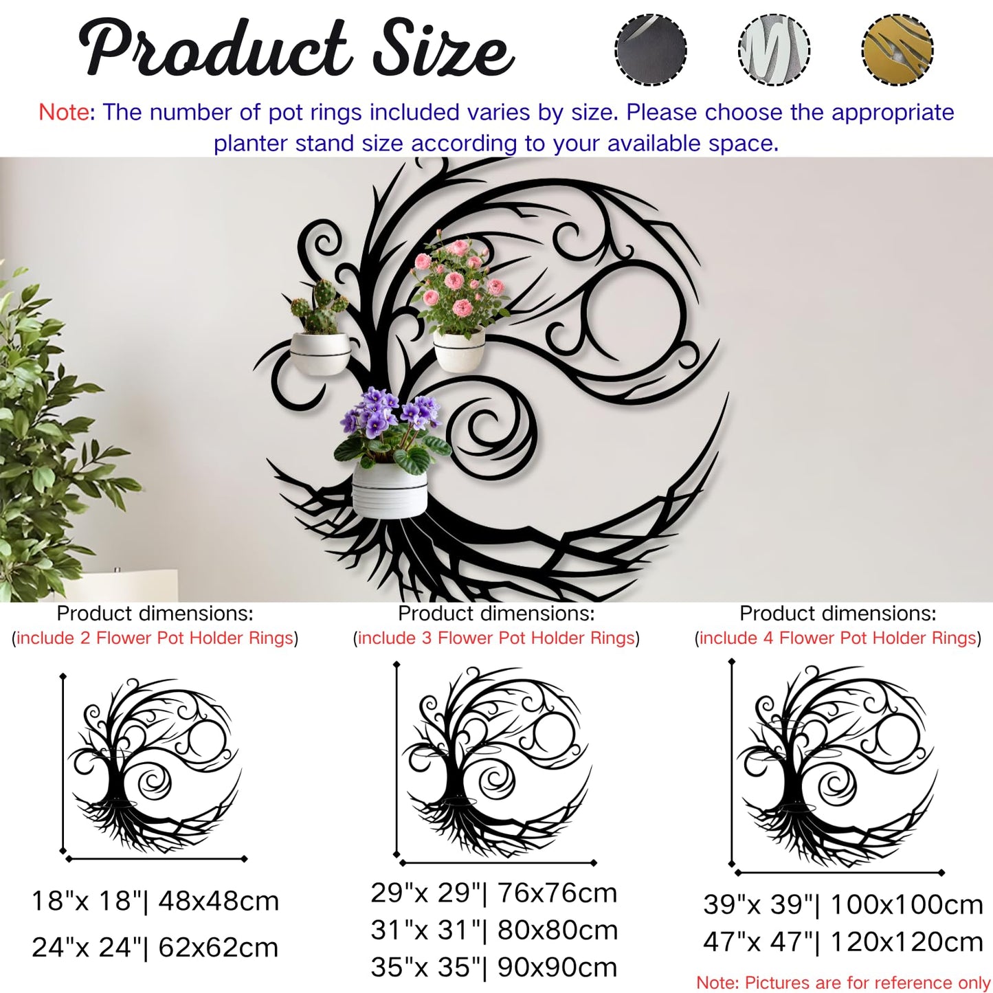 Tree of Life Metal Plant Wall Holders, Metal Tree Wall Mounted Plant Holder, Branch Hanging Planters for Living Room, Kitchen, Fireplace (Gold, 35"x 35"| 90x90cm, 3 Pack 5" Flower Pot Holder Ring)