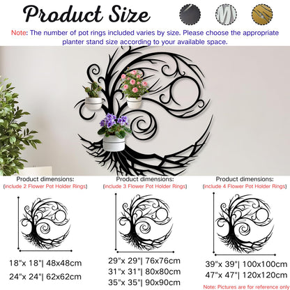 Tree of Life Metal Plant Wall Holders, Metal Tree Wall Mounted Plant Holder, Branch Hanging Planters for Living Room, Kitchen, Fireplace (Gold, 35"x 35"| 90x90cm, 3 Pack 5" Flower Pot Holder Ring)