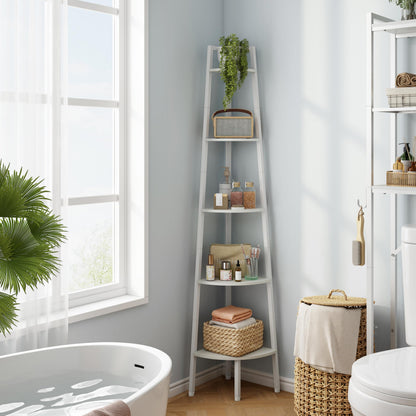 Hoctieon Corner Shelf, 5-Tier Corner Bookshelf, Rustic Ladder Shelf, Industrial Display Stand for Living Room, Kitchen, Home Office, Balcony, Small Space, Metal Frame, White