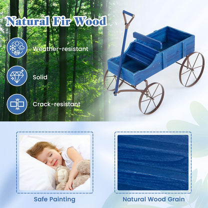 Goplus Wagon Planter, Decorative Wooden Garden Planter with Wheels, 2 Planting Sections and Adjustable Handle, Indoor Outdoor Backyard Balcony Decor (Blue)