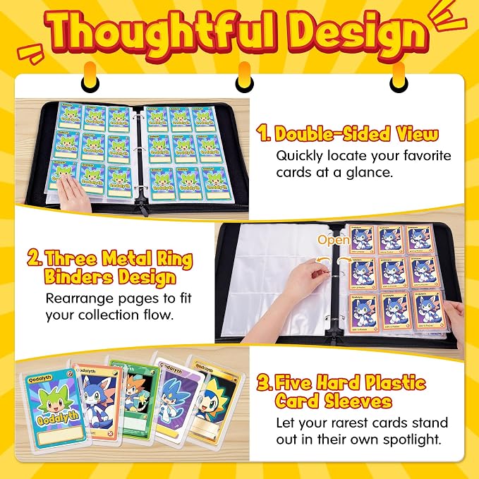 9 Pocket Card Binder with Zipper (900 Cards), Premium PU Holder, Double-Sided Display. Includes 5 Hard Plastic Sleeves for Game Cards and Sports Cards