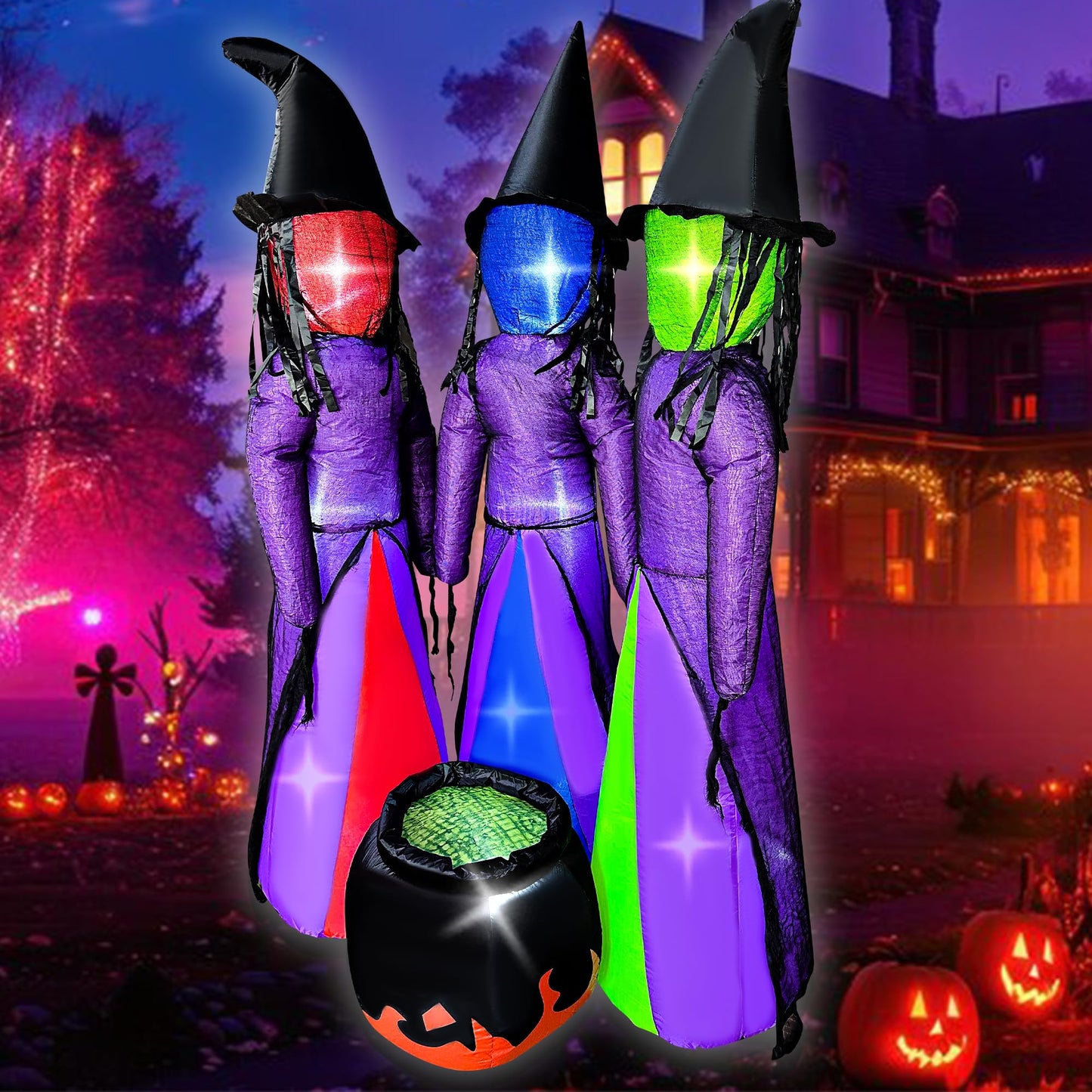 BLOWOUT FUN 6 FT Halloween Inflatables 3 Holding Hands Witches with Cauldron Blow Up Inflatables Halloween Faceless Witch Decorations with Build-in LEDs for Home Yard Lawn Garden Party Decor