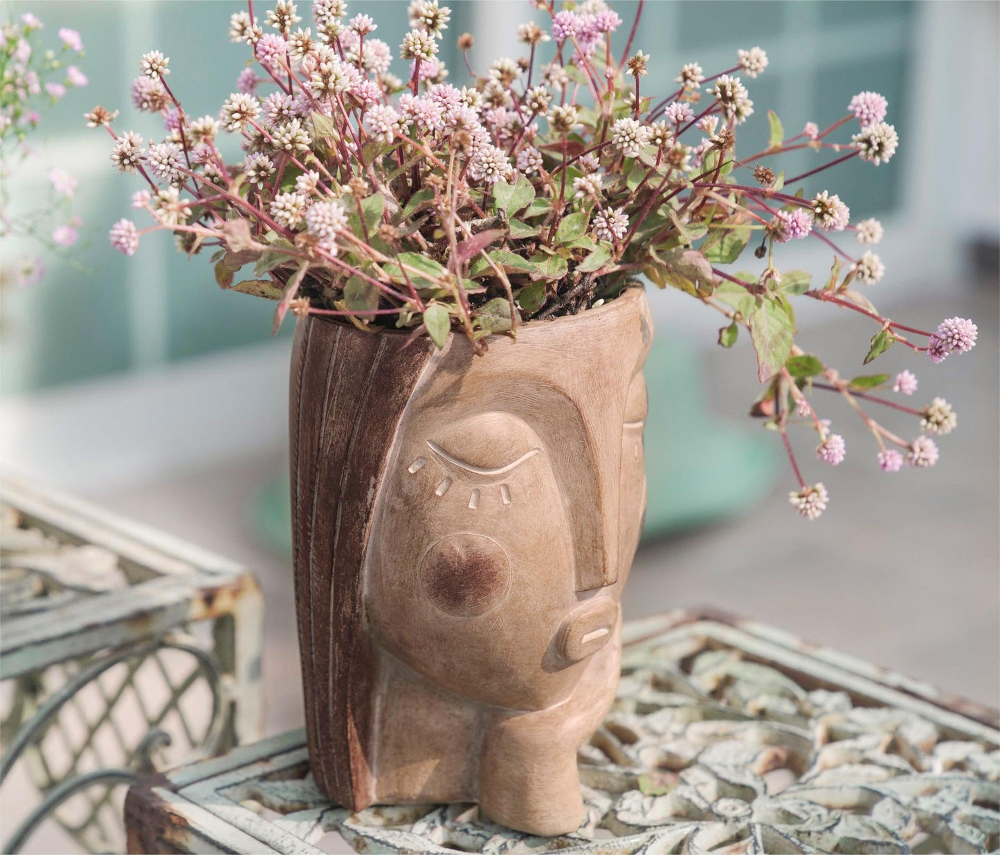 Saysmile Head Planters for Indoor Plants, Face Flower Pot Head Planter Succulent Planters Unique Face Planter with Drainage Hole - Rustic Thinking Girl Closed Eyes