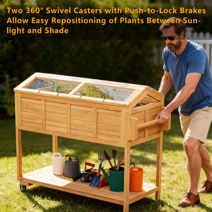 Raised Garden Beds on Wheels with Legs and Cover Elevated Garden Bed Herb Planter Box Cart Outdoor with Bed Liner,Storage Shelf,Seed Starter Tray for Backyard Patio Outside (Country Rustic)