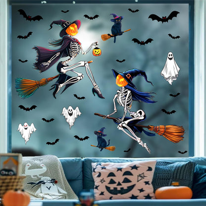 Halloween Window Decorations Decals Scary Skeleton Witches Window Stickers Double-Sided Bats Ghost Clings for Glass Removable Reusable Black Cat Static Decal for Indoor Outdoor Home Holiday Supplies